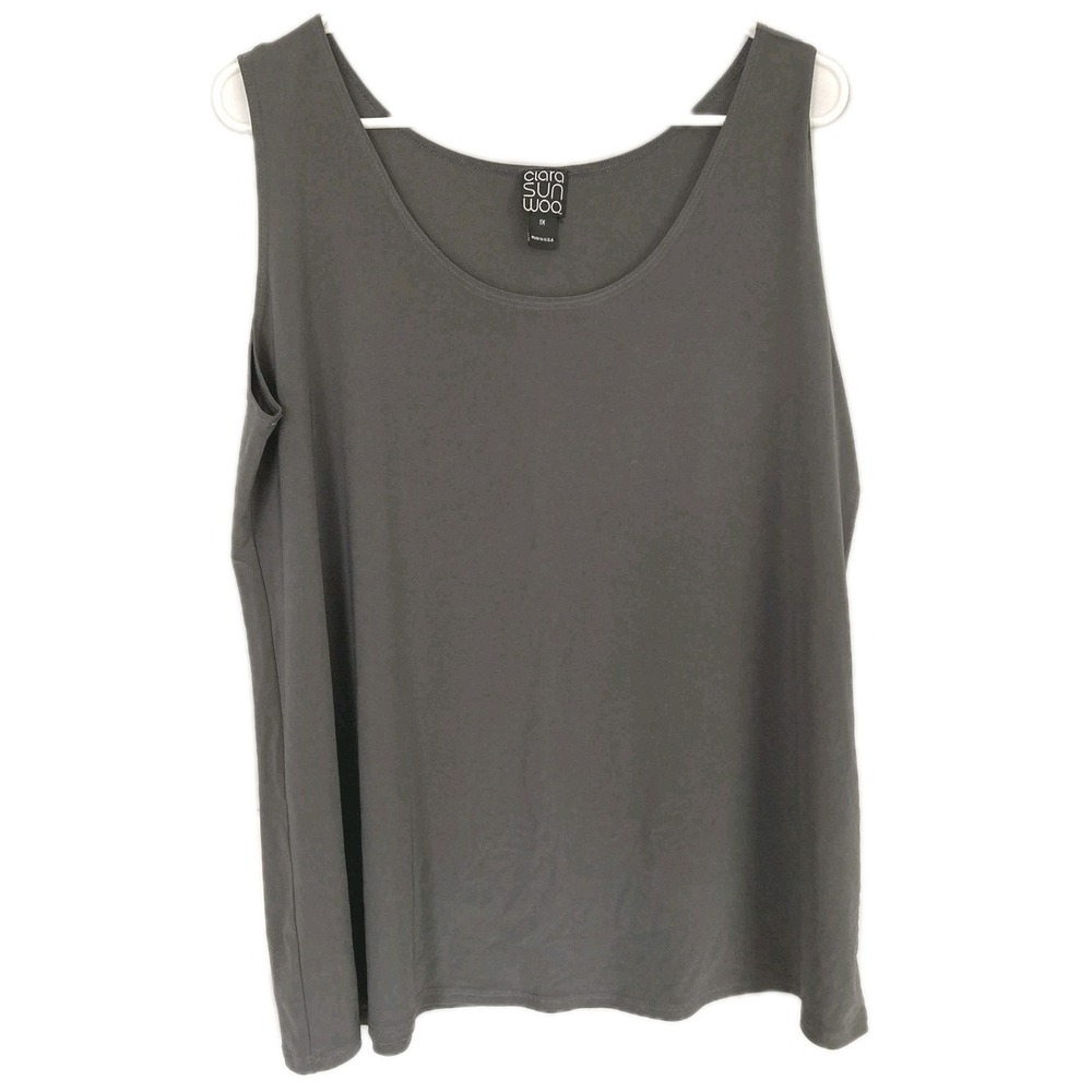 Clara Sunwoo Tank Top Women 1X Gray Stretch Scoop Neck Sleeveless NWT Made USA